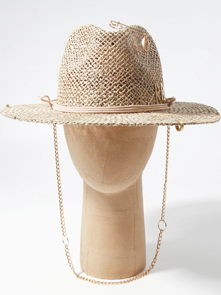 s European and American Style Pin Straw Hat Female Hollow Letter Sun Hat Fashion Metal Chain Sunshade Hat 260402