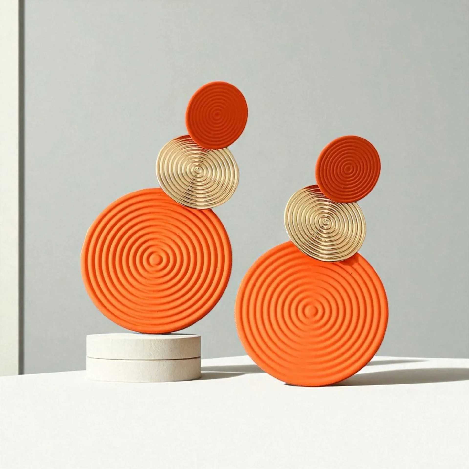Trendy Stylish Dangle Earrings Trio Circle Design Daily Outfits Party Accessories Fashionable Stuff RED Orange Big Earrings H260403