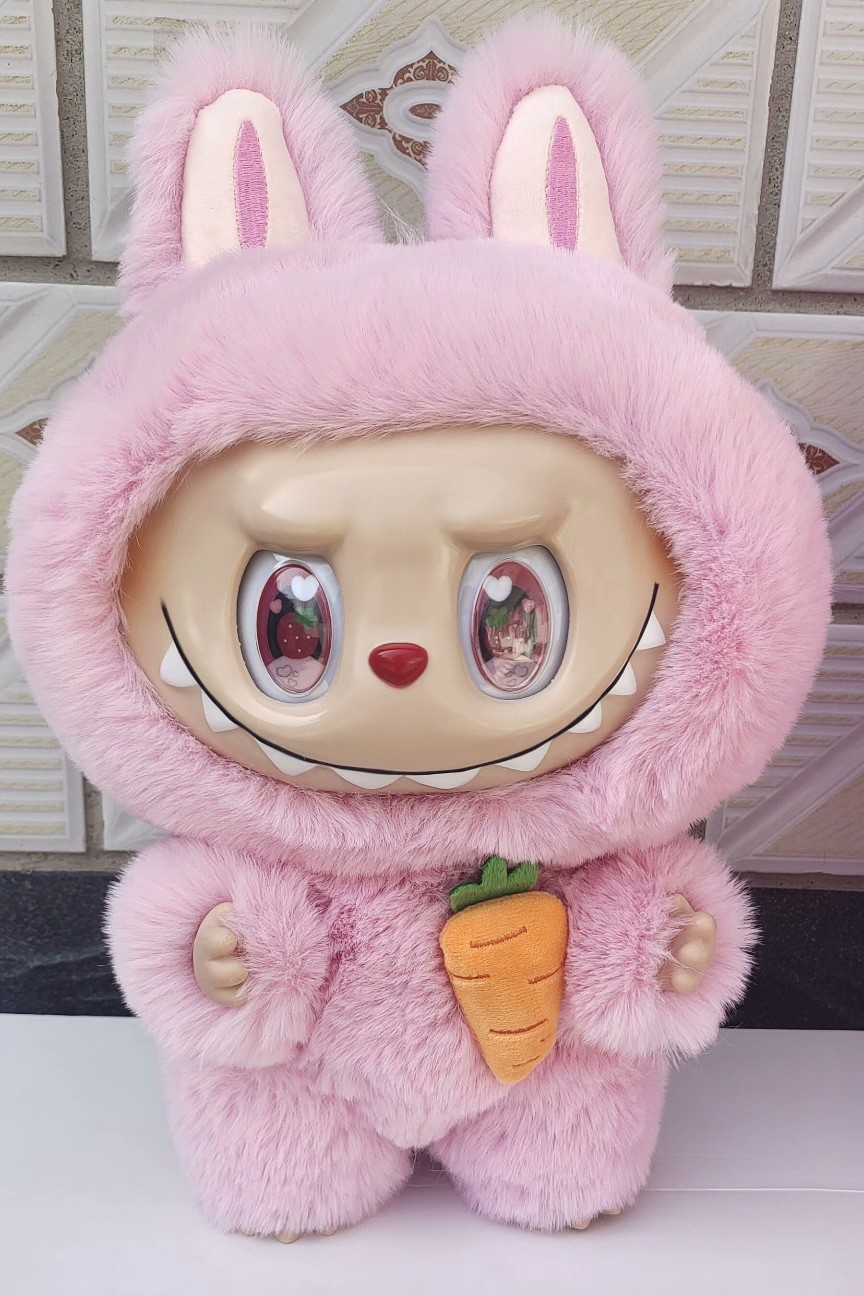 Pink Labubu ZIMOMO Plush Doll Rabbit Ear Stuffed Toy With Carrot For Collection