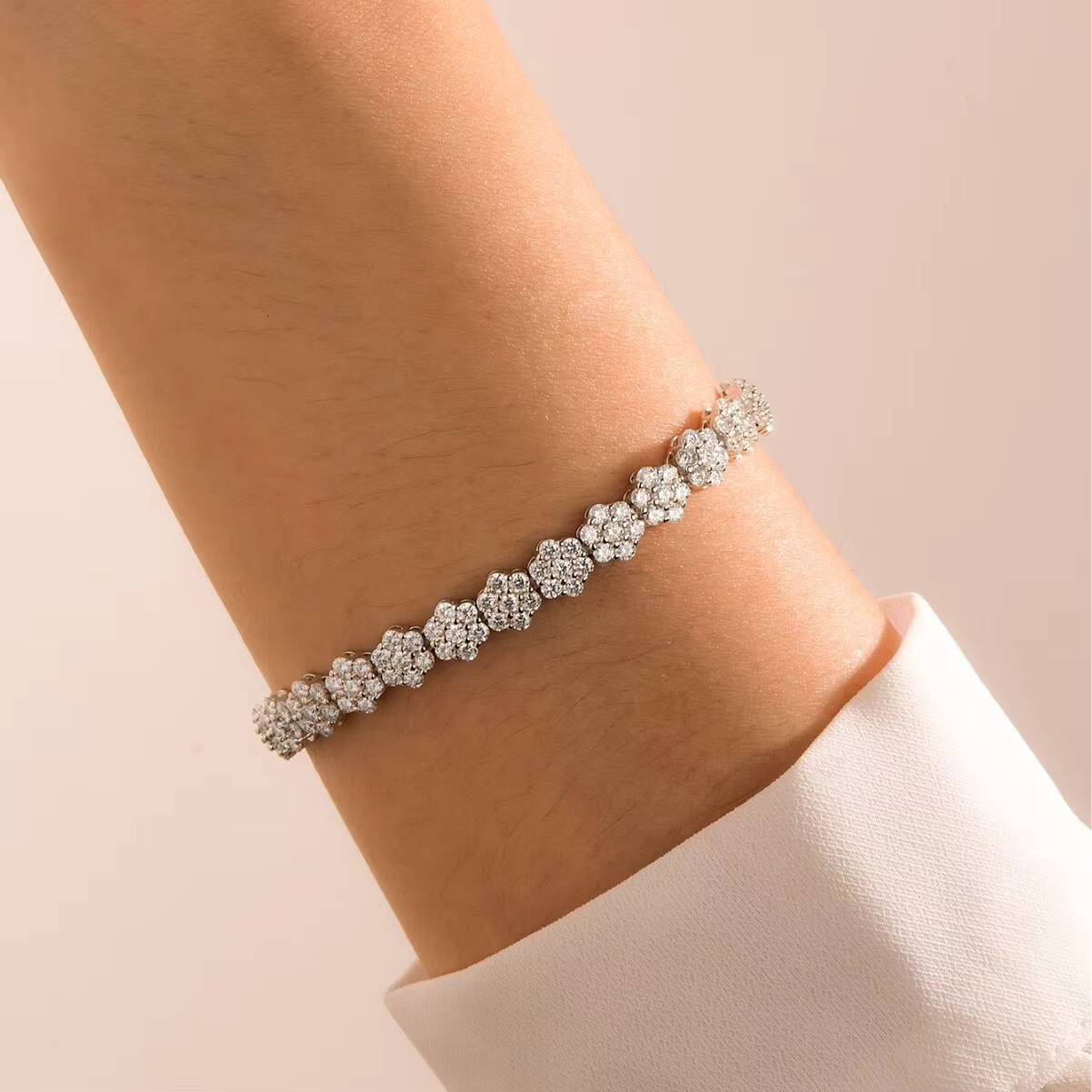 PYQ Wholesale Custom Jewelry 925 Sterling Silver Plum Blossom Moissanite Rhodium Plated Hip Hop Hand Chain Charm Tennis Bracelet