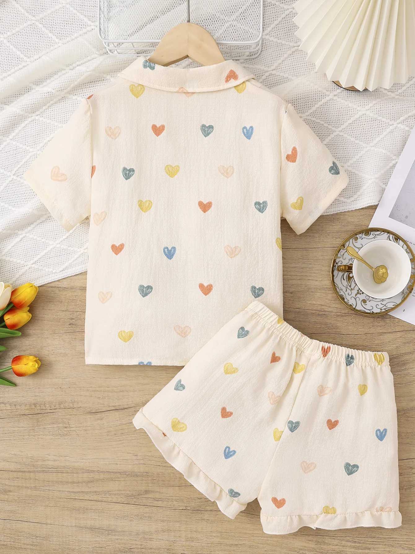 2-Piece Set for Girls Summer Cuban Collar Textured Fabric with Heart Print Cute Style Short-Sleeve Shorts Pajamas Loungewear Set H260403