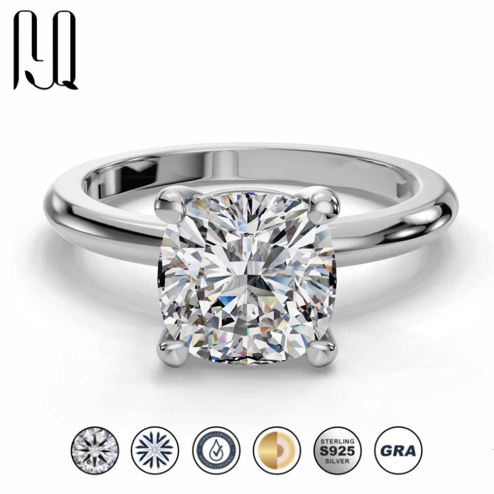 PYQ Classic 35 Ct Cushion Cut Moissanite Solitaire Ring 925 Sterling Silver Light Luxury Minimalist Wedding for Women