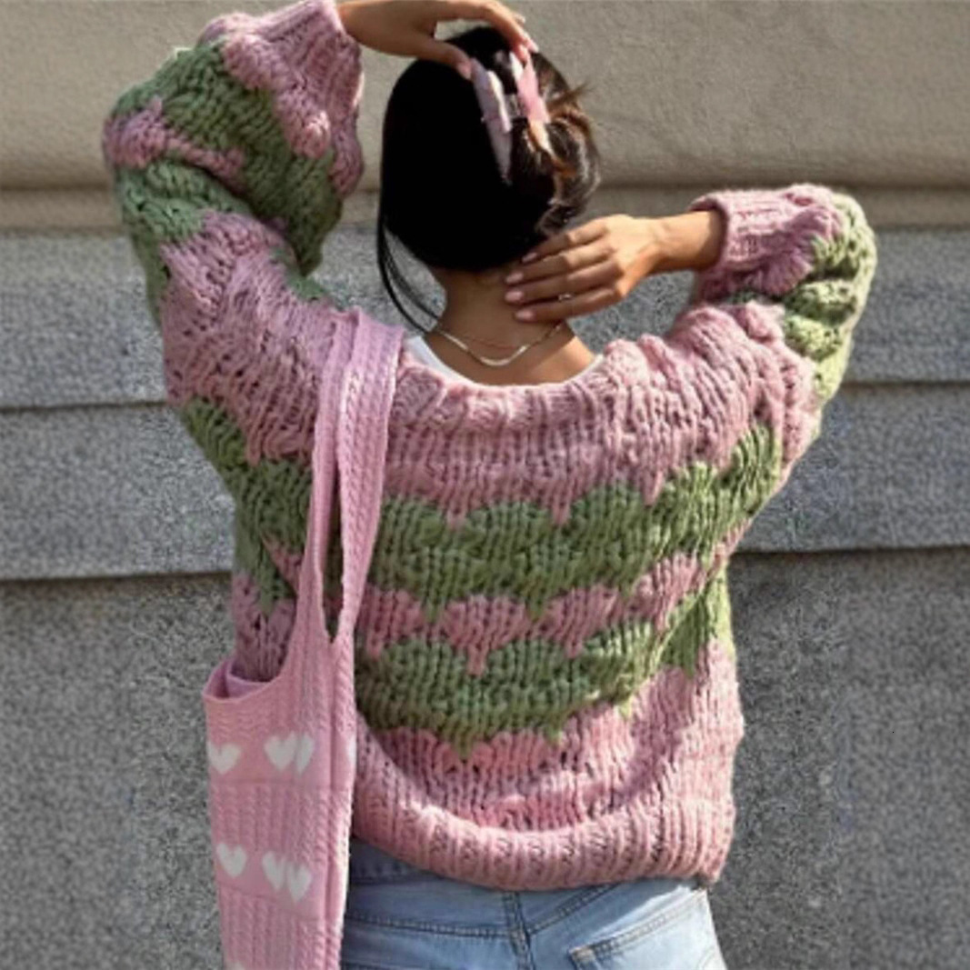 Imcute Women Oversized Cardigan Sweaters Color Block Long Sleeve Chunky Knit Sweaters Coat Y2K Open Front Colorful Cardigans 250903