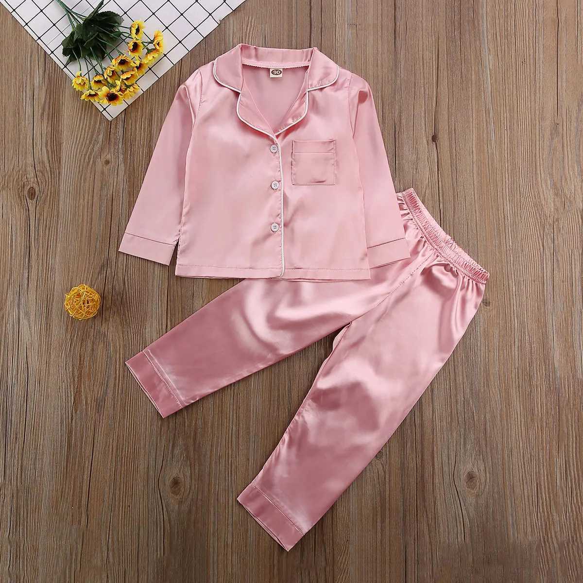 Fashion Baby Kid Girls Satin Autumn Winter Pajamas Set Solid Long Sleeve Button TopsLong Pants 2PCS Outfits Set H260403