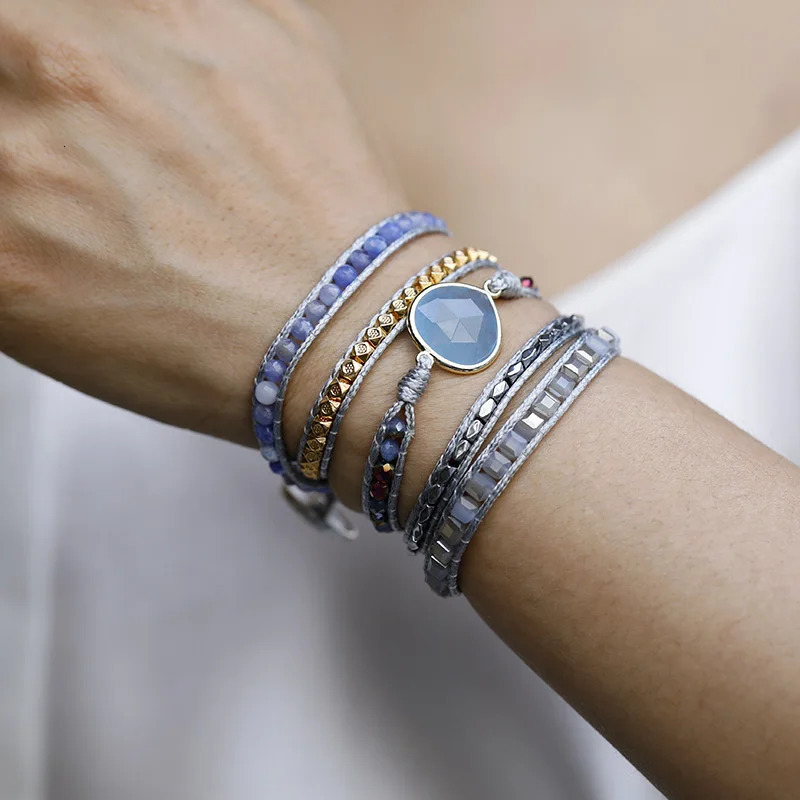 Boho Multistrand Stone Leather Wrap Bracelet Five Wrap Stackable Handmade Bracelets Vintage Statement Jewelry Bijoux 260318BJ - view 6