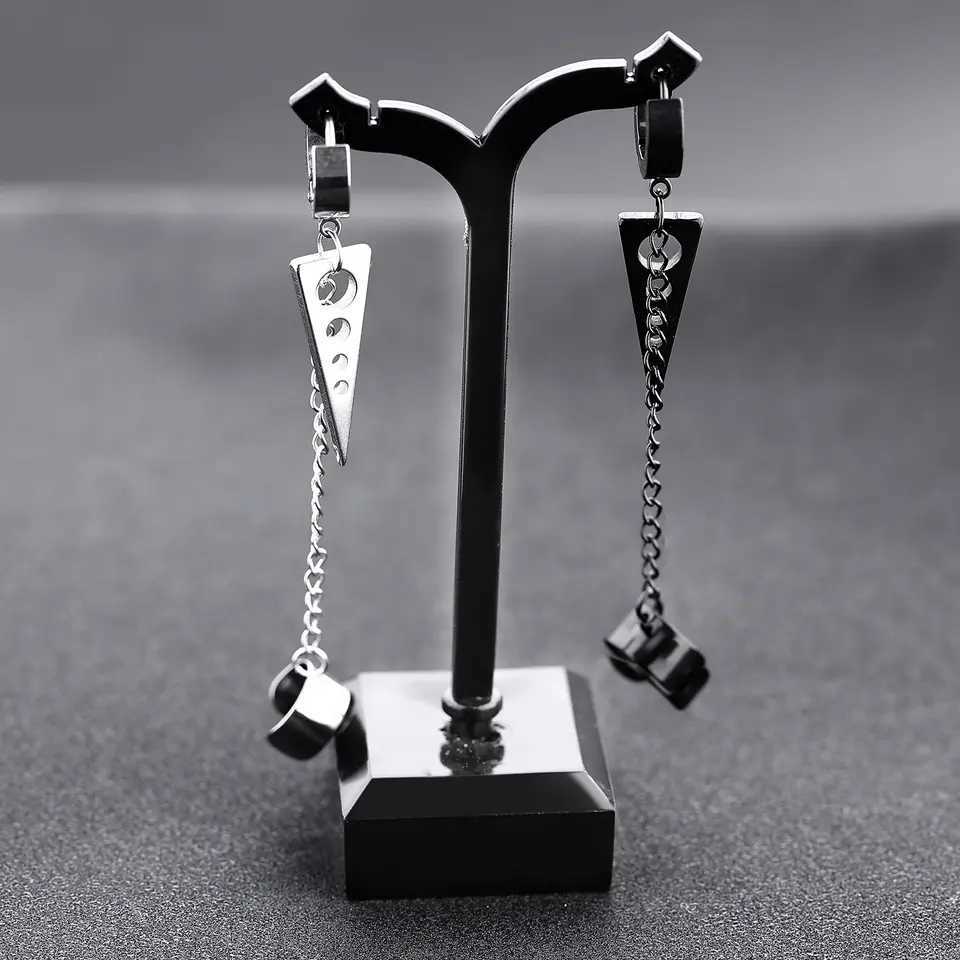 2pcs Unisex Stainless Steel Punk Men Clip on Earrings Geometry Triangle Chain Pendant Dangle Hoop Earrings Women Gothic Jewelry H260403