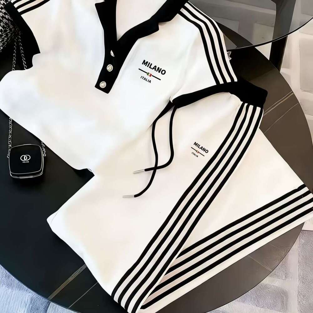New European And American Fashion Trend Casual Half-Button POLO Shirt Short-Sleeve Long Pants Set Luanyun