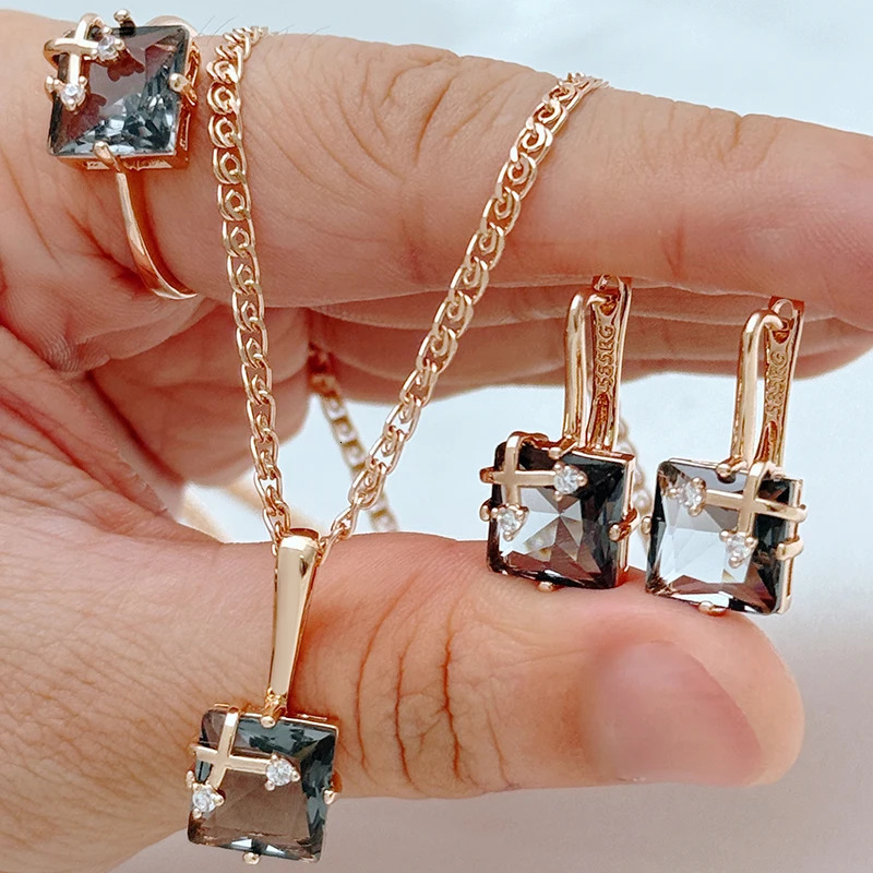 Kinel Shiny Grey Natural Zircon Jewelry Sets for Women Fashion 585 Rose Gold Color Ring Earrings Necklace Daily Fine Jewelry 260318BJ