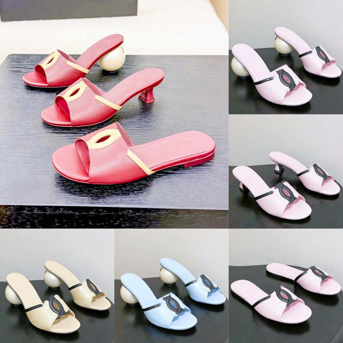 Summer Pearl high heel slide Designer mule shoe woman sandale cc 26ss beach shoe hollow out sandal lambskin Kitten Heel sliders luxury travel dance dress prom wed shoe
