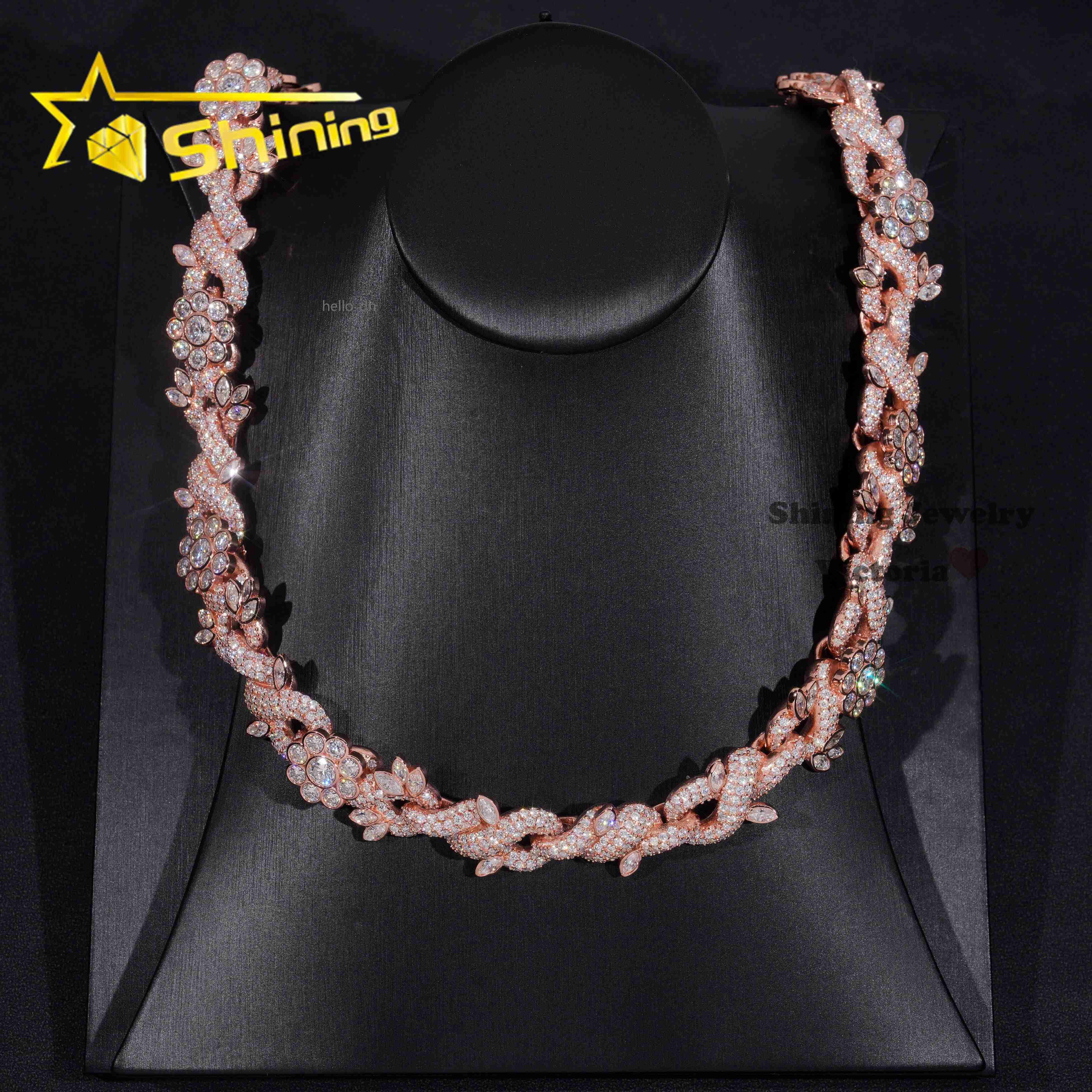 Hot Selling Hip Hop Necklace Fine Jewelry 18MM Fancy Cut Flower Design VVS Moissanite Rose Gold Cuban Link Chain