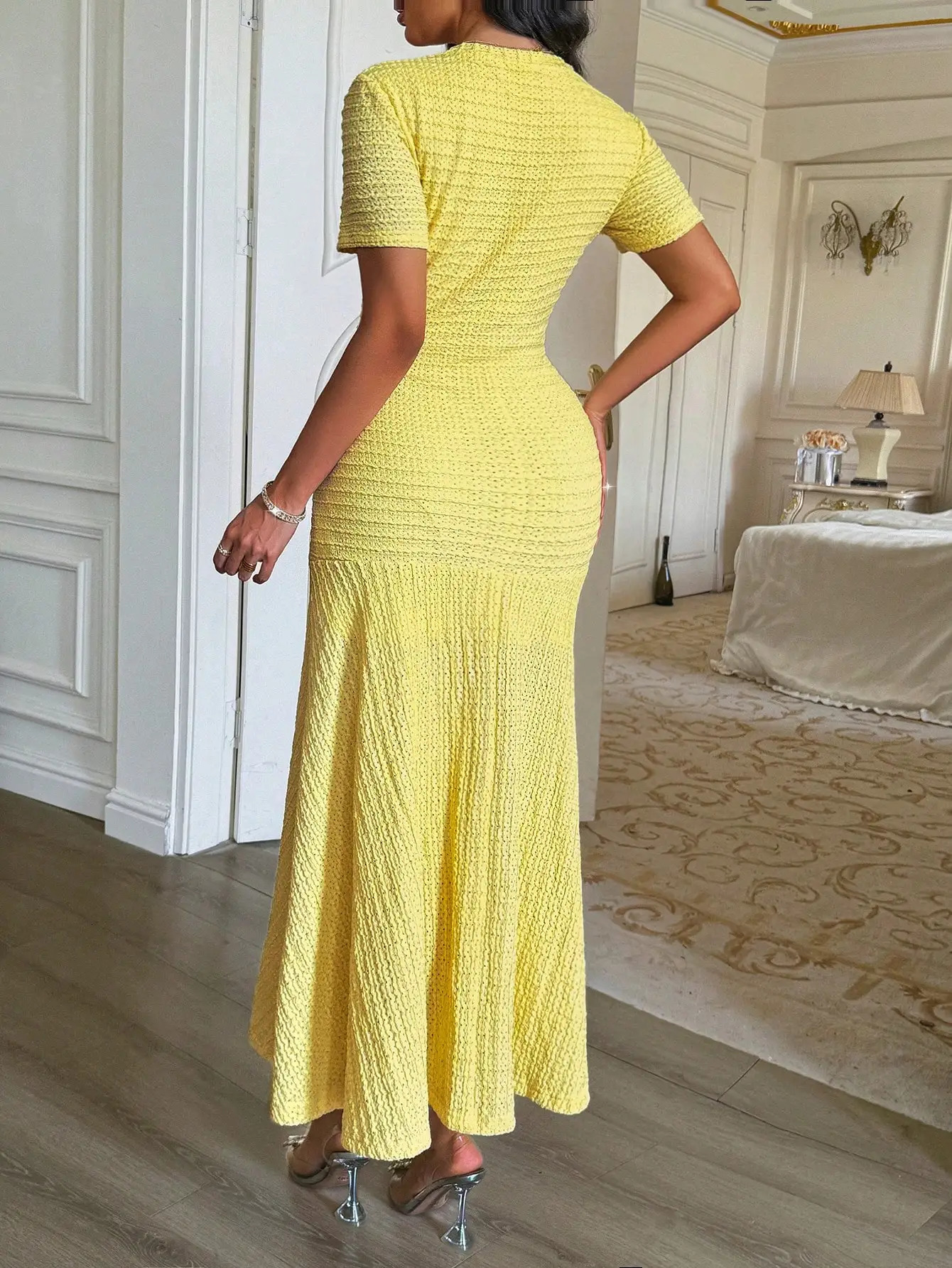 Yellow Textured Knit Midi Dress with Front Buttons and Faux Pockets 260403