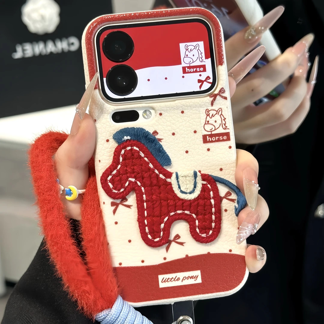 Luxury Designer 3D Embroidered Pony Phone Case Premium Red Horse Leather Texture Protective Shell For Applicable To Iphone17 High-end Fashion Accessor
