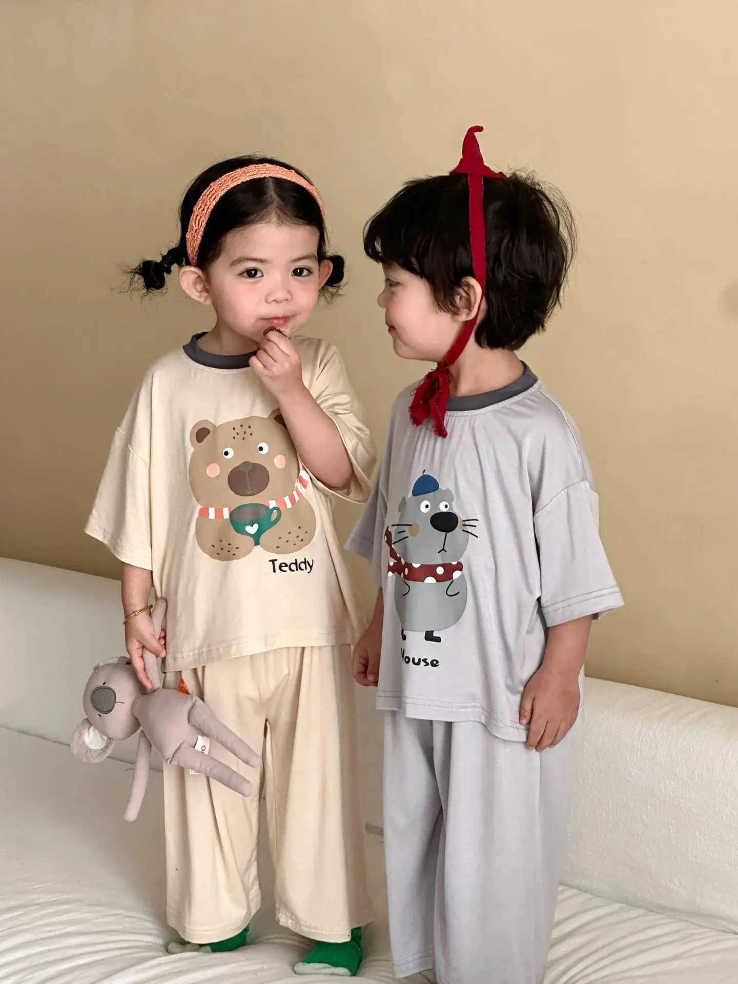 1-8Y Boys Summer Homewear 2pcs Kids T-Shirt and Long Pants Loungewear Girls Animal Print Pajama Set Childrens Sleepwear H260403