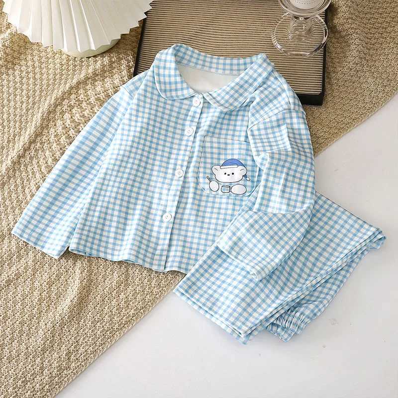 New Arrival Spring Soft Kids Girls plaid Homewear Set 1-7Y Cartoon Bear Baby Girls Sleepwear Pants Children Pajamas Suit H260403