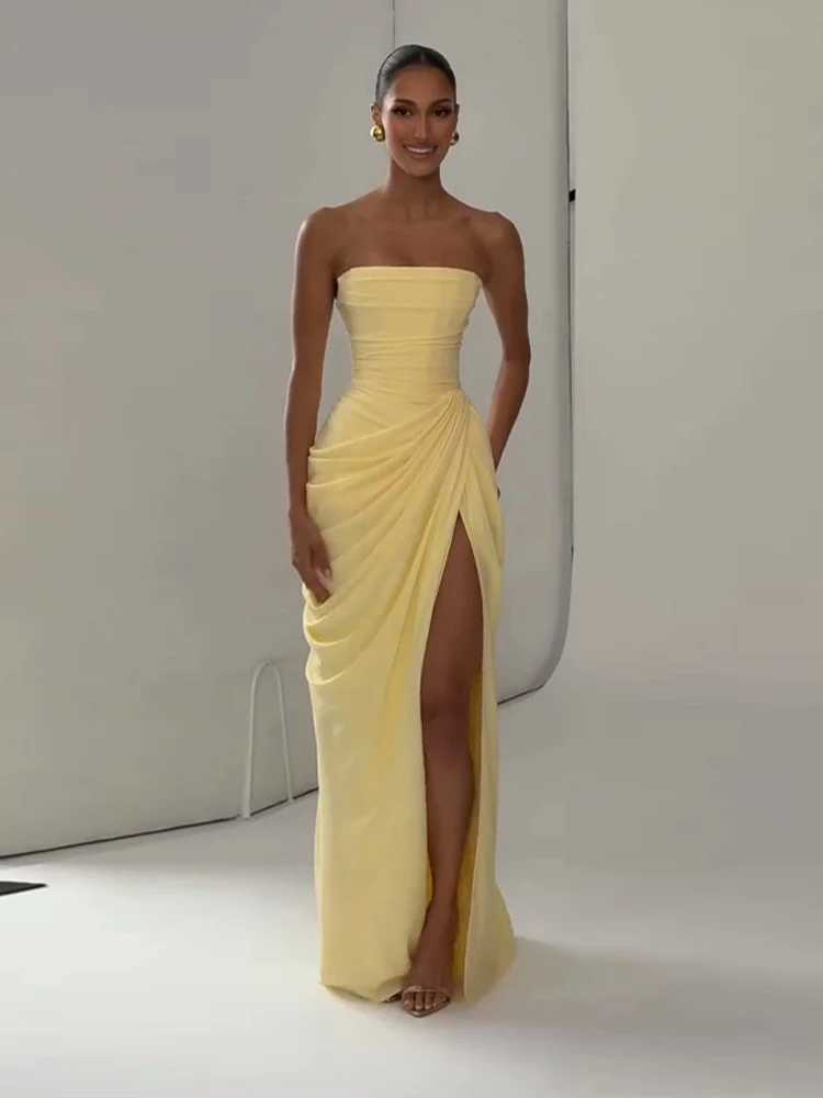 Sexy Solid Pleated Strapless Dress Lady Chic Off-shoulder Backless High Waist Split Dresses Women 2026 New Evening Party Gown H260402