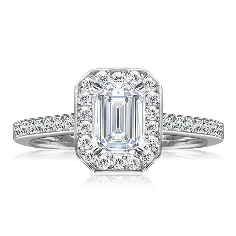 135 Ct Emerald Cut Halo Moissanite Ring S925 Silver Platinum Plated Fine Womens Fashion Jewelry