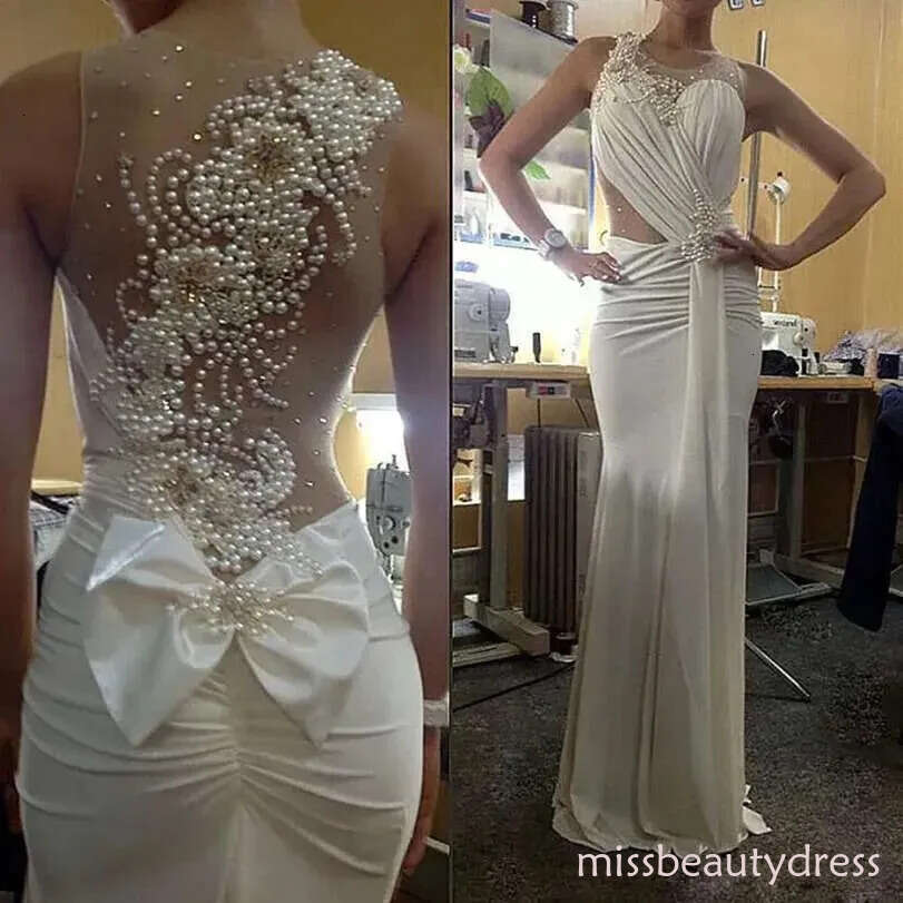 Ivory Spandex Mermaid Evening Dresses Special Occasion Crystal Pearls Floor Length Elegant Formal Gowns For Women Wear D07 B0313 ZD10