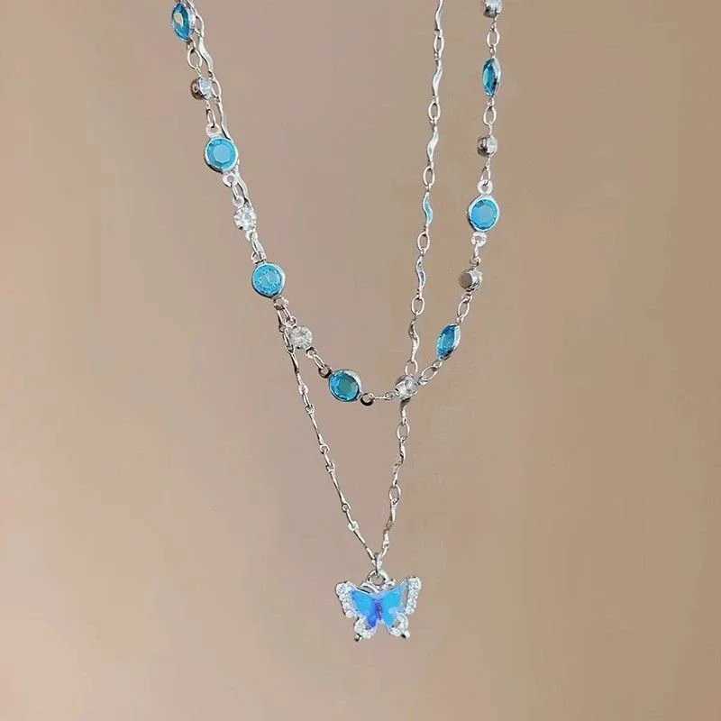 LATS Romantic Blue Crystal Butterfly Necklace for Women Girls Simple Shiny Zircon Bilayer Choker Clavicle Chain New Fine Jewelry H260403