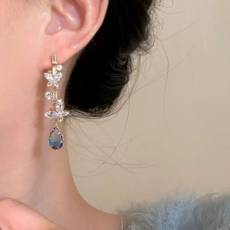 Autumn Winter Blue Water Drop Butterfly Super Fairy High-End Full Diamond Long Earrings Elegant Socialite Style Light Luxury Ear Jewelry