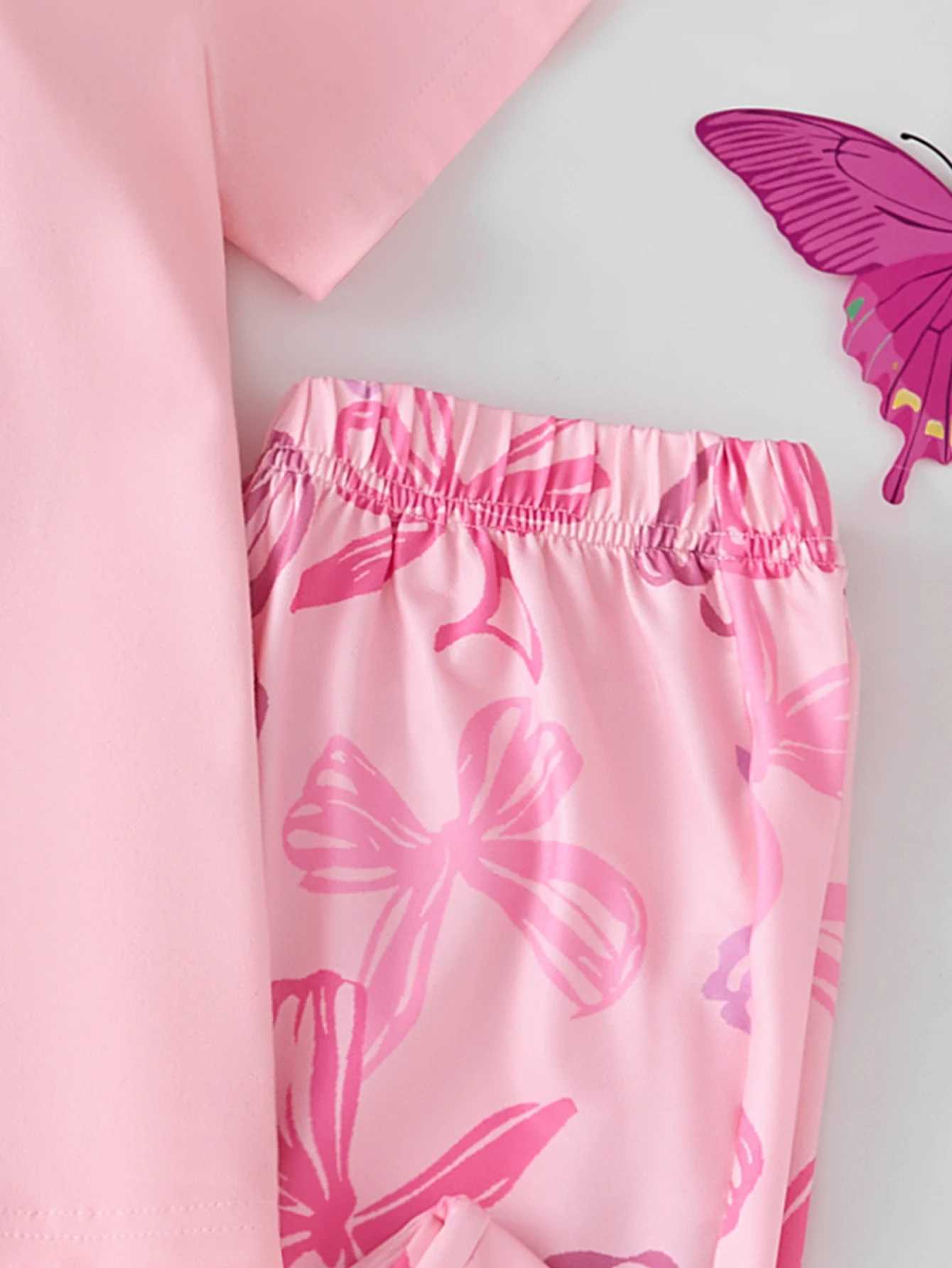 Girls home clothes set girls casual bow-tie short-sleeved trousers suitable for home wear in spring summer and autumn H260403