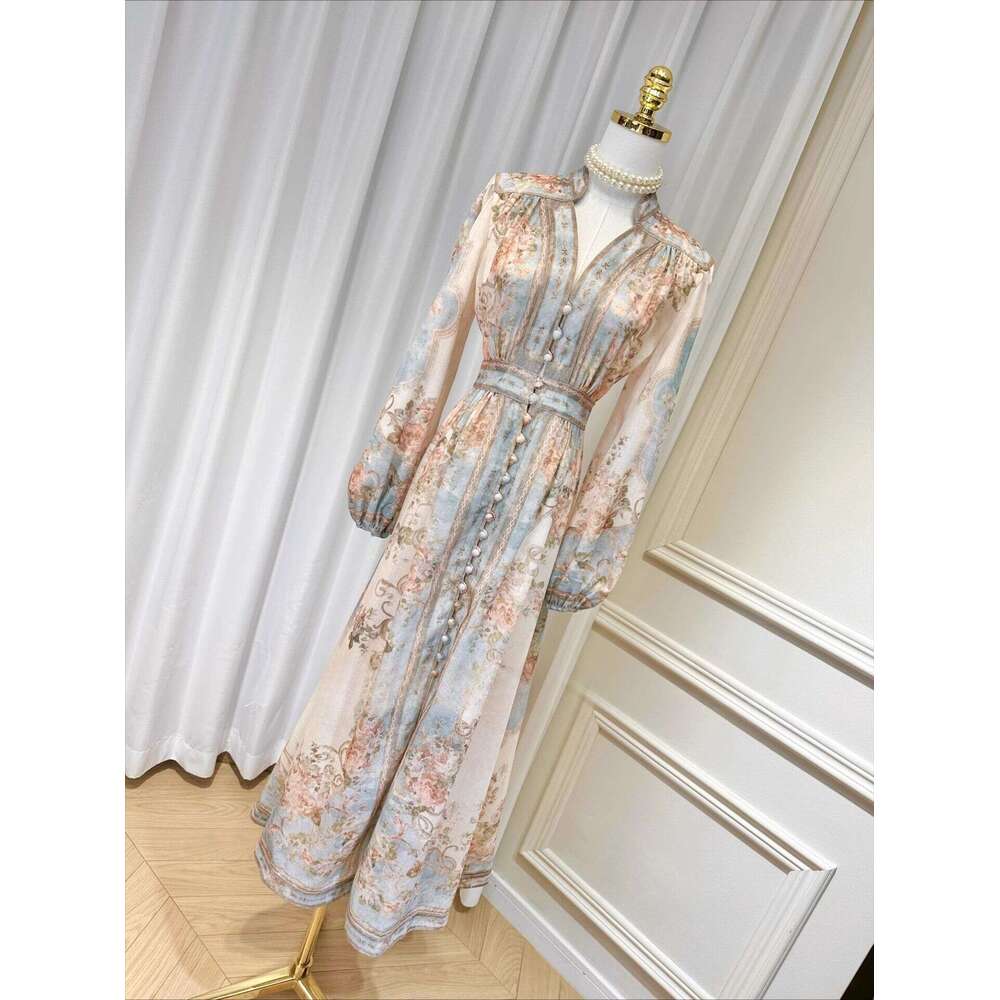 Designer k30 elegant printed long sleeved dress with small stand up collar, bubble sleeves, waist cinching, cotton and linen dress
