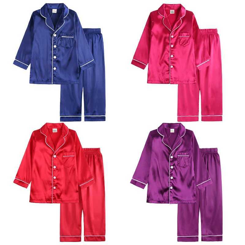 2026 Pajama Sets for Girls Silk Satin TopPant Long sleeve Solid Silky Pyjamas Nightgown Children Sleepwear for Boys Clothes H260403