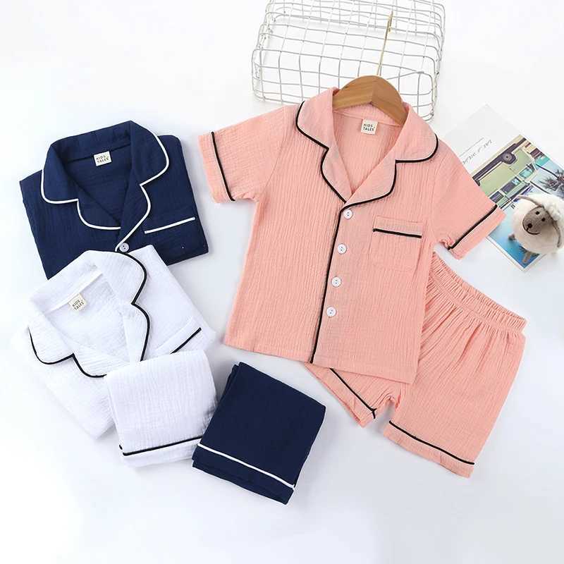 Summer Children Pajamas Suit Cotton Linen Kids Soild Pajamas Set Boys Homewear Pure Girls Short Sleeve 2pcs Pyjamas Set Cute H260403
