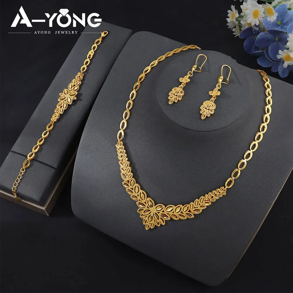 Luxury Dubai Bridal Wedding Jewelry Set 21k Gold Plated Nigeria Elegant Necklace Bracelet Earrings Arabic Women Party Jewelrys 260318BJ - view 3