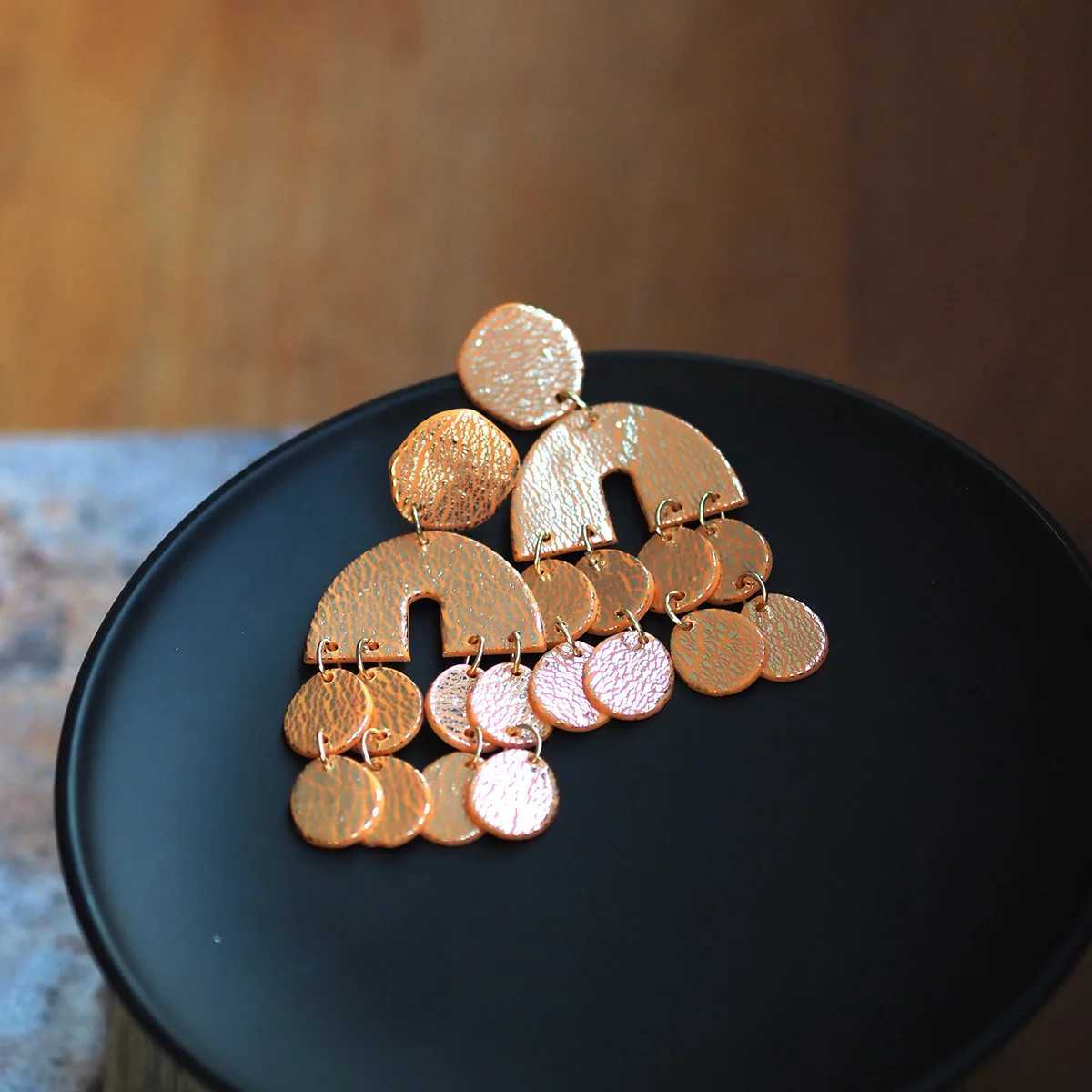 Polymer Clay Boho Geometric Dangle Earrings for Women Half Moon Arch with Coin Discs Textured Statement Lightweight Gift New H260403