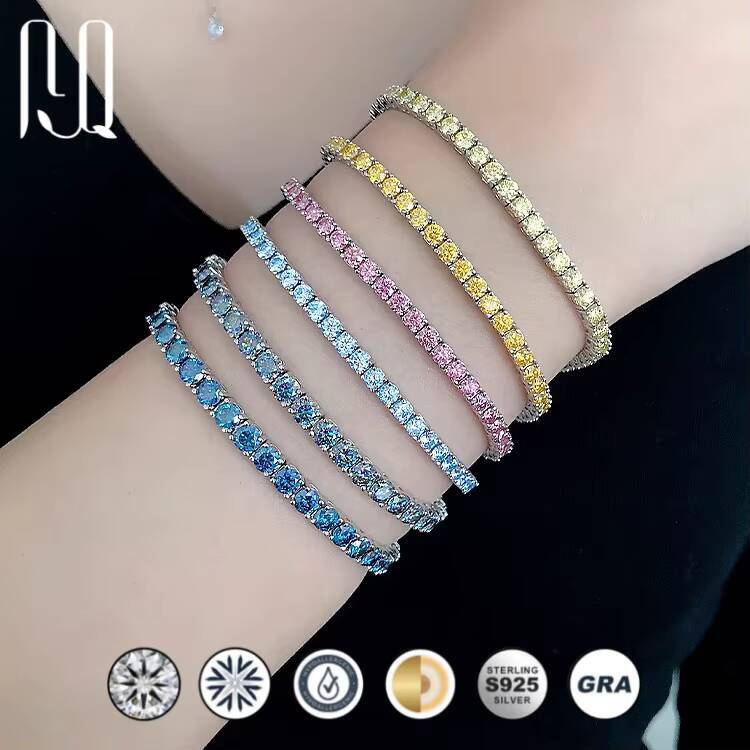 PYQ 3/4/5/65mm Blue Yellow pink Moissanite Chain Gra Vvs Sterling Silver 925 Diamond Moissanite Tennis Chain Bracelet for Women