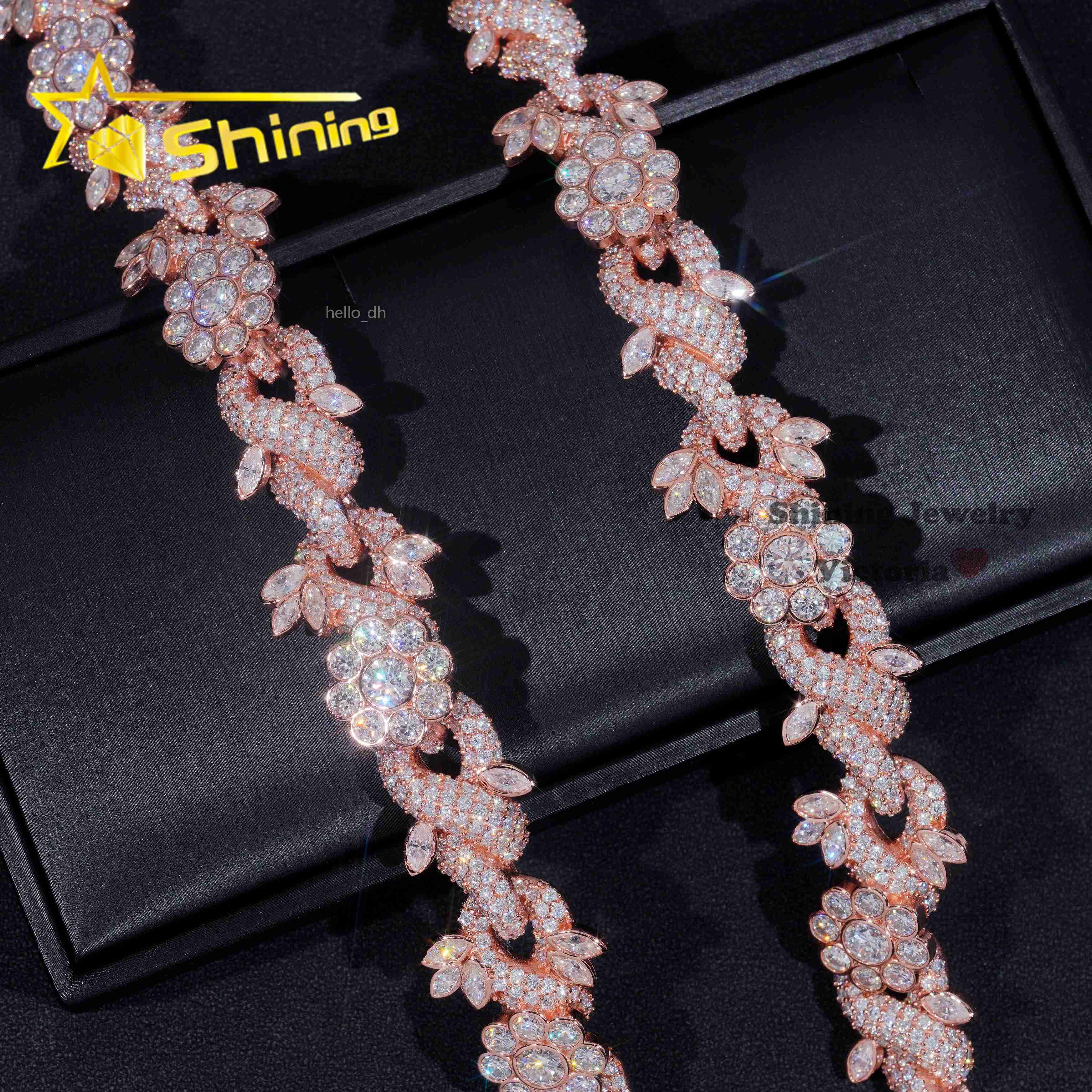 Hot Selling Hip Hop Necklace Fine Jewelry 18MM Fancy Cut Flower Design VVS Moissanite Rose Gold Cuban Link Chain