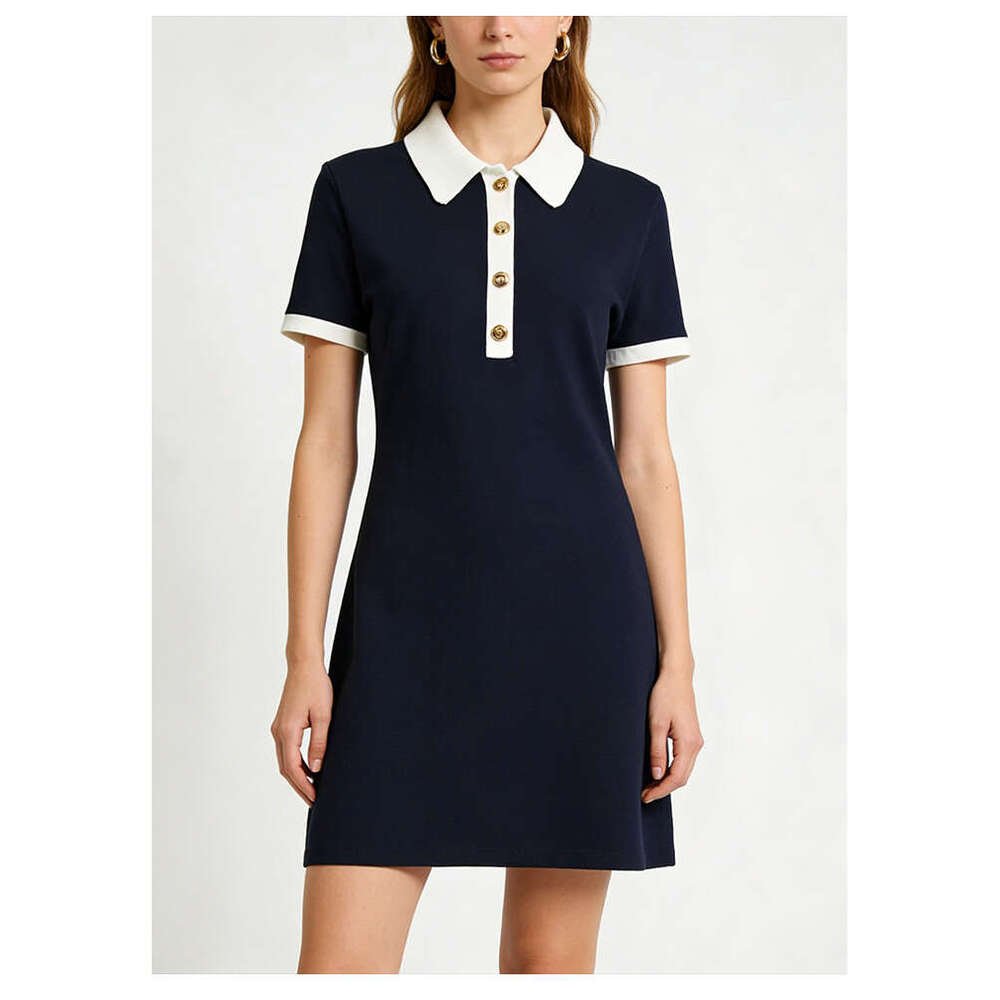 Spring new women's k30 designer French commuting color blocked collared short sleeved pullover sweater slim fit women's knitted short skirt