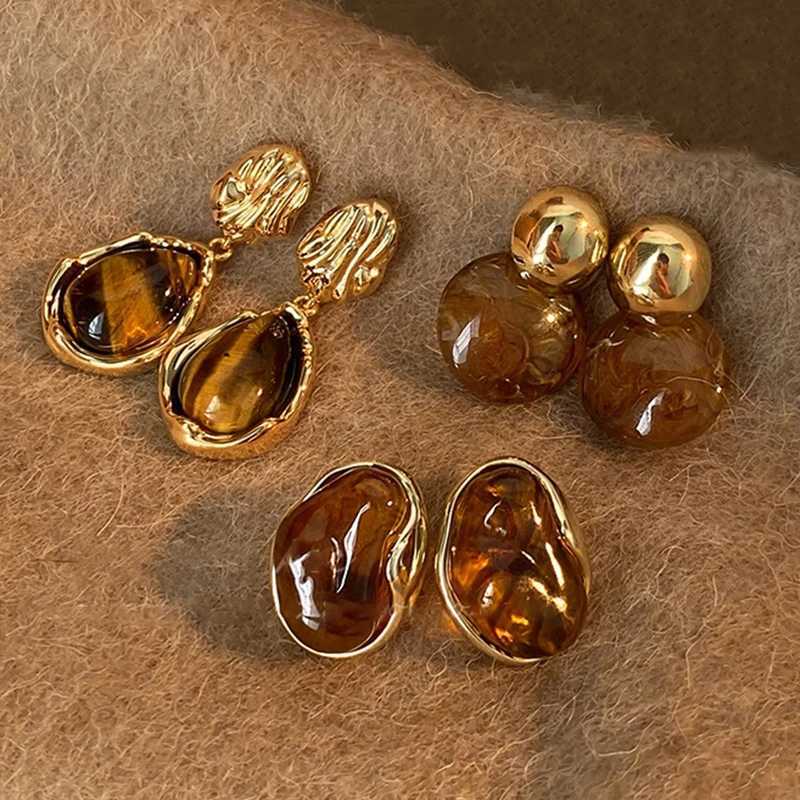 Vintage Brown Resin Tiger Eye Stone Dangle New Earrings for Women Fashion Silver Needle Earring Personality Melard Color Jewelry H260403