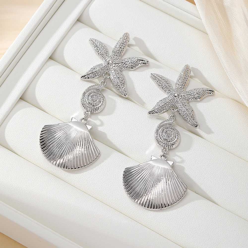 Retro Exaggerated Metal Shell Starfish Tassel Long Womens Earrings H260403