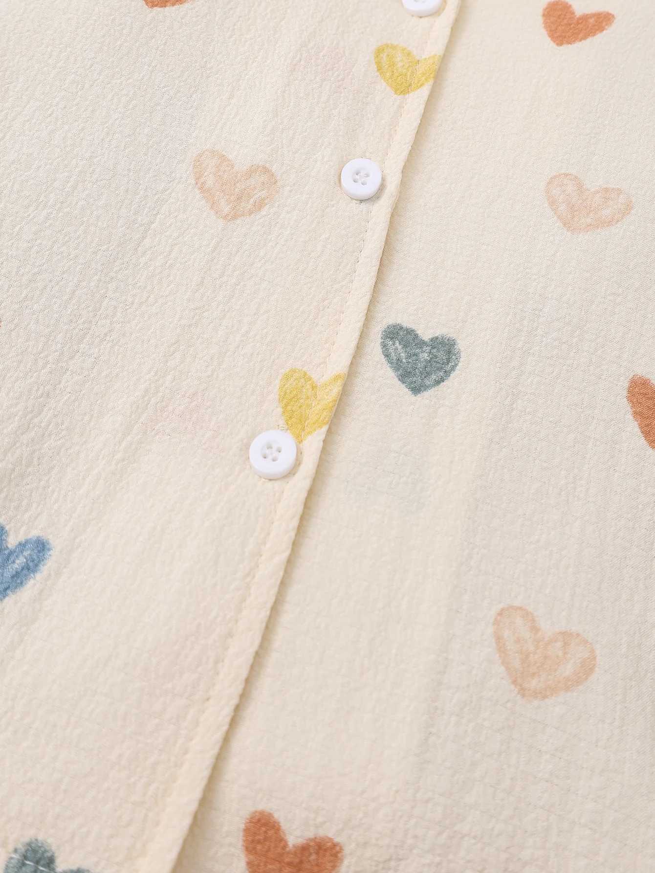 2-Piece Set for Girls Summer Cuban Collar Textured Fabric with Heart Print Cute Style Short-Sleeve Shorts Pajamas Loungewear Set H260403