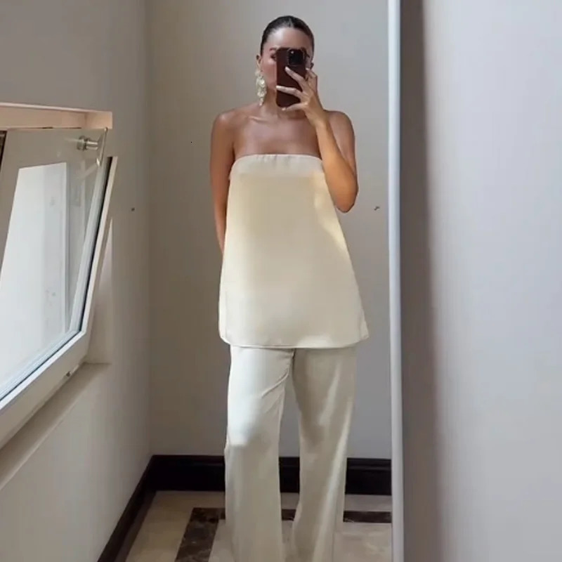 HXAO Off White Satin Pant Sets Womens Suit Off Shoulder Strapless Top Vest Set 2 Piece Woman Chic High Waist Trousers Sets 260403