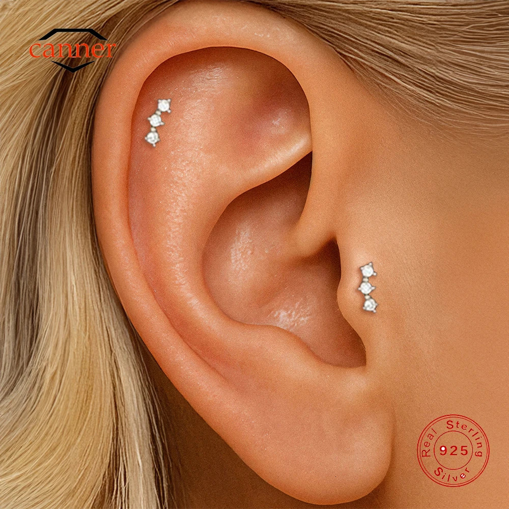 CANNER 1PC Mini 3 CZ Thread Flat Head Ear Bone Puncture Earring For Women Gold Ins Minimalism Classic Fine Jewelry Gift 260403