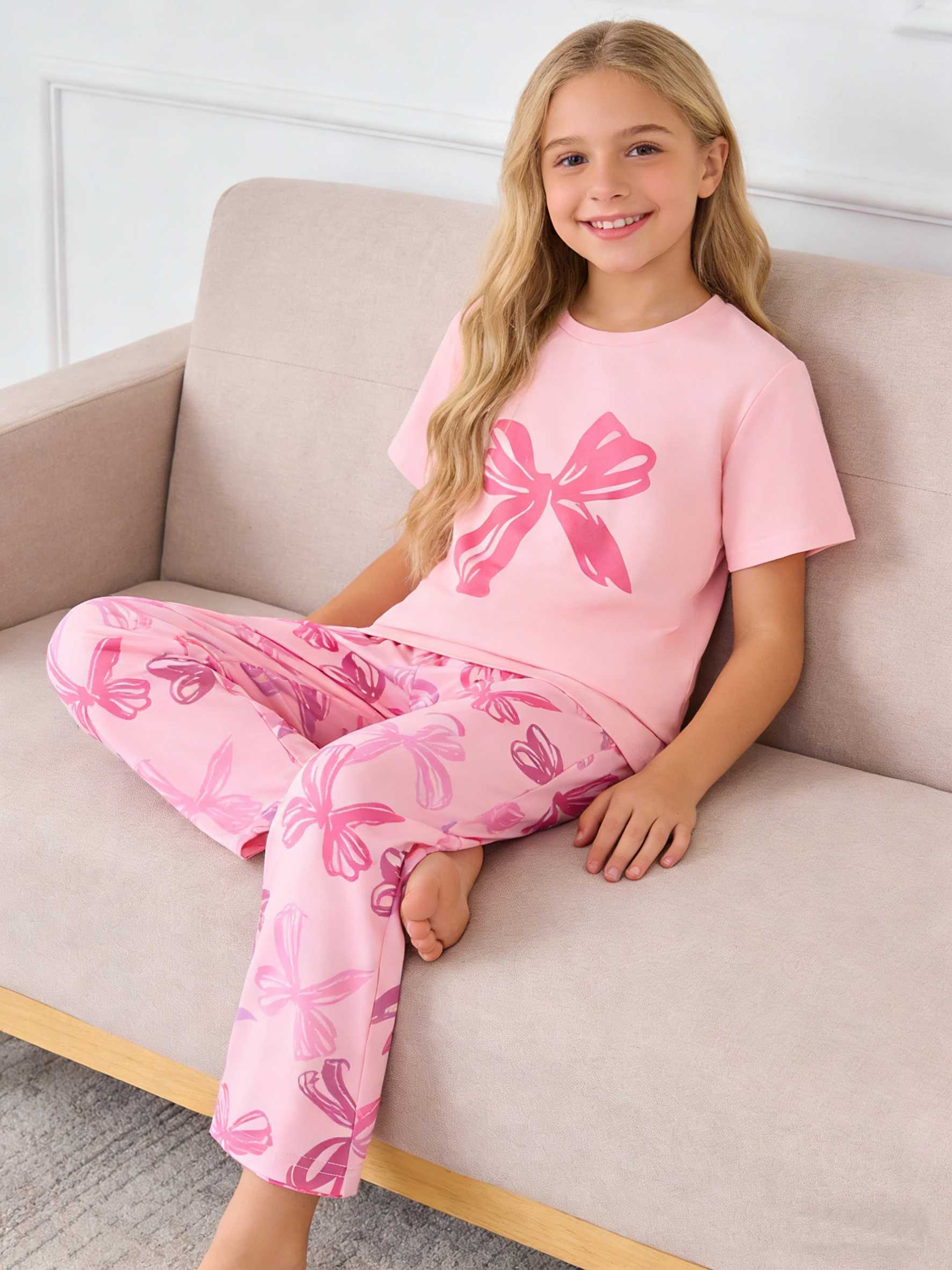 Girls home clothes set girls casual bow-tie short-sleeved trousers suitable for home wear in spring summer and autumn H260403