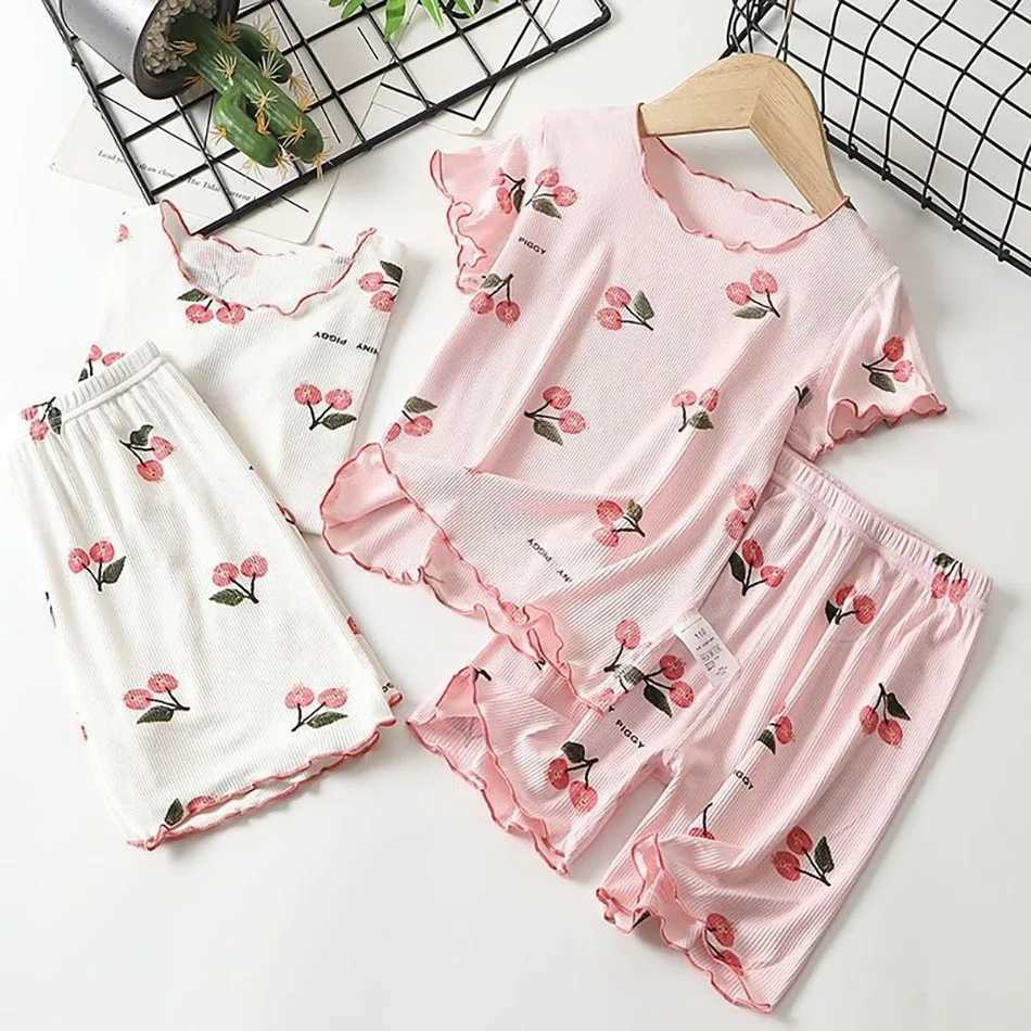 Girls Summer Pajama Set Cherry Blossom Print 4-Way Stretch Shorts Tee Breathable Modal Blend for Bedtime and Playtime for 1-8Y H260403