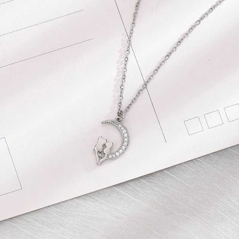 Sparkling Moon Cats Pendant Choker Necklace for Women Zircons Silver Plated Jewelry Gift for Ladies And Girls H260403
