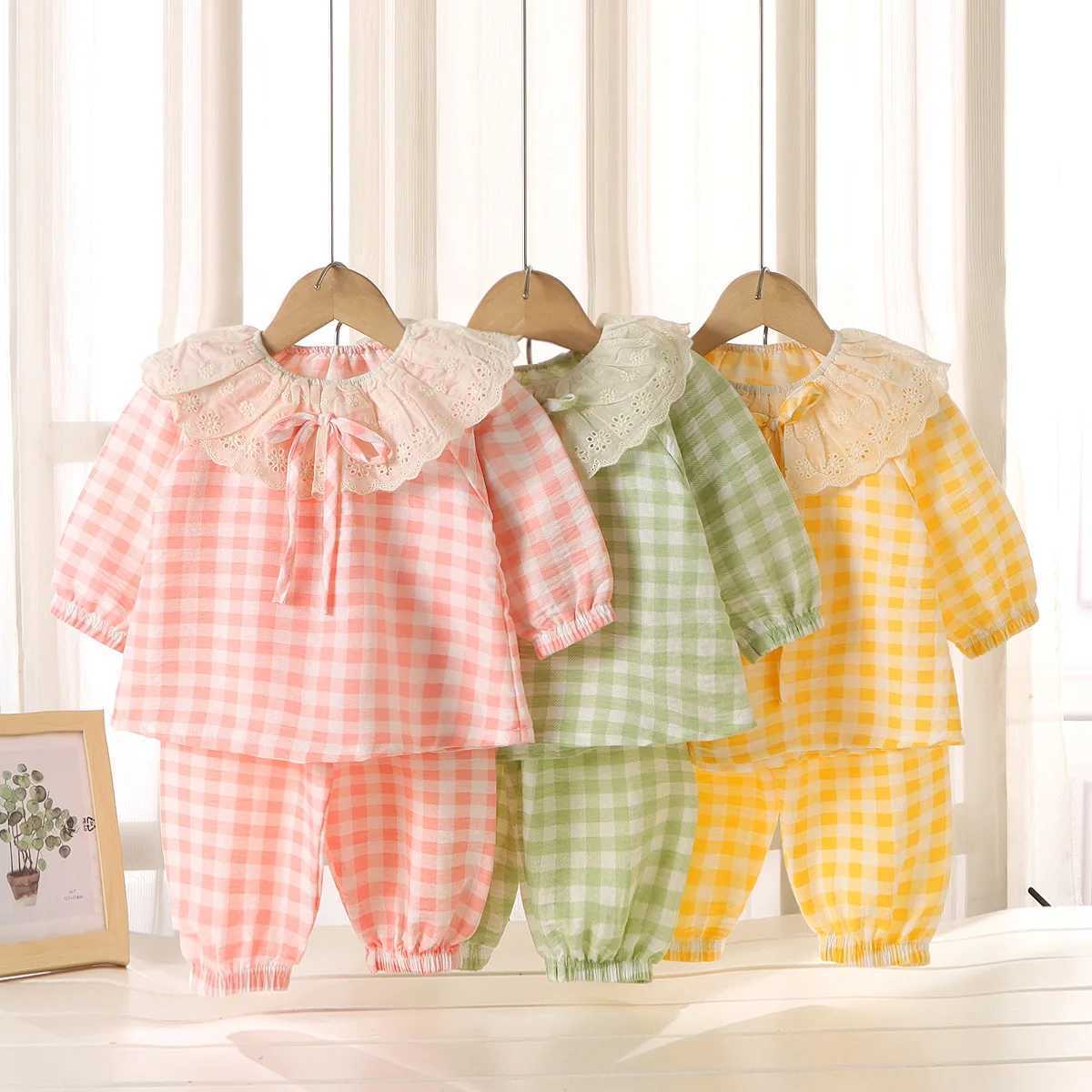 Girls Lace Round Neck Bow Home Suit Set Spring Summer Breathable Princess Baby Pajamas Sleepwear Cute Loose Childrens Clothing H260403