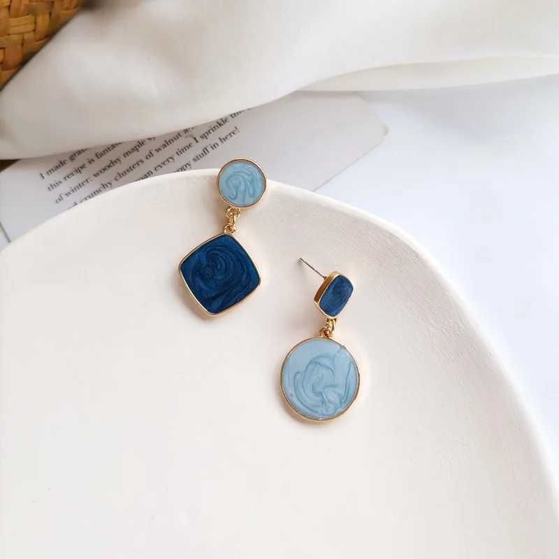 French Elegant Blue Asymmetrical Geometric Earrings Women Simple Fashion Jewelry For Party and Daily Wearing H260403