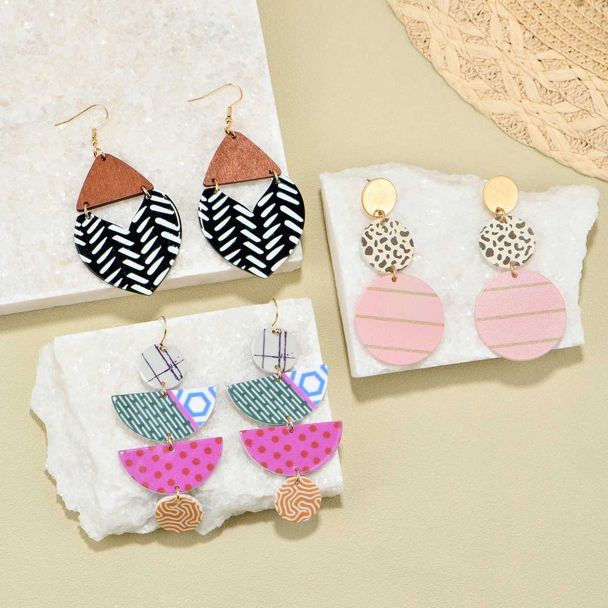 Trendy Geometric Style Earrings Wooden Triangle Splicing Colorfulful Polka Dot Stripess Personalized Versatile Earring Set H260403