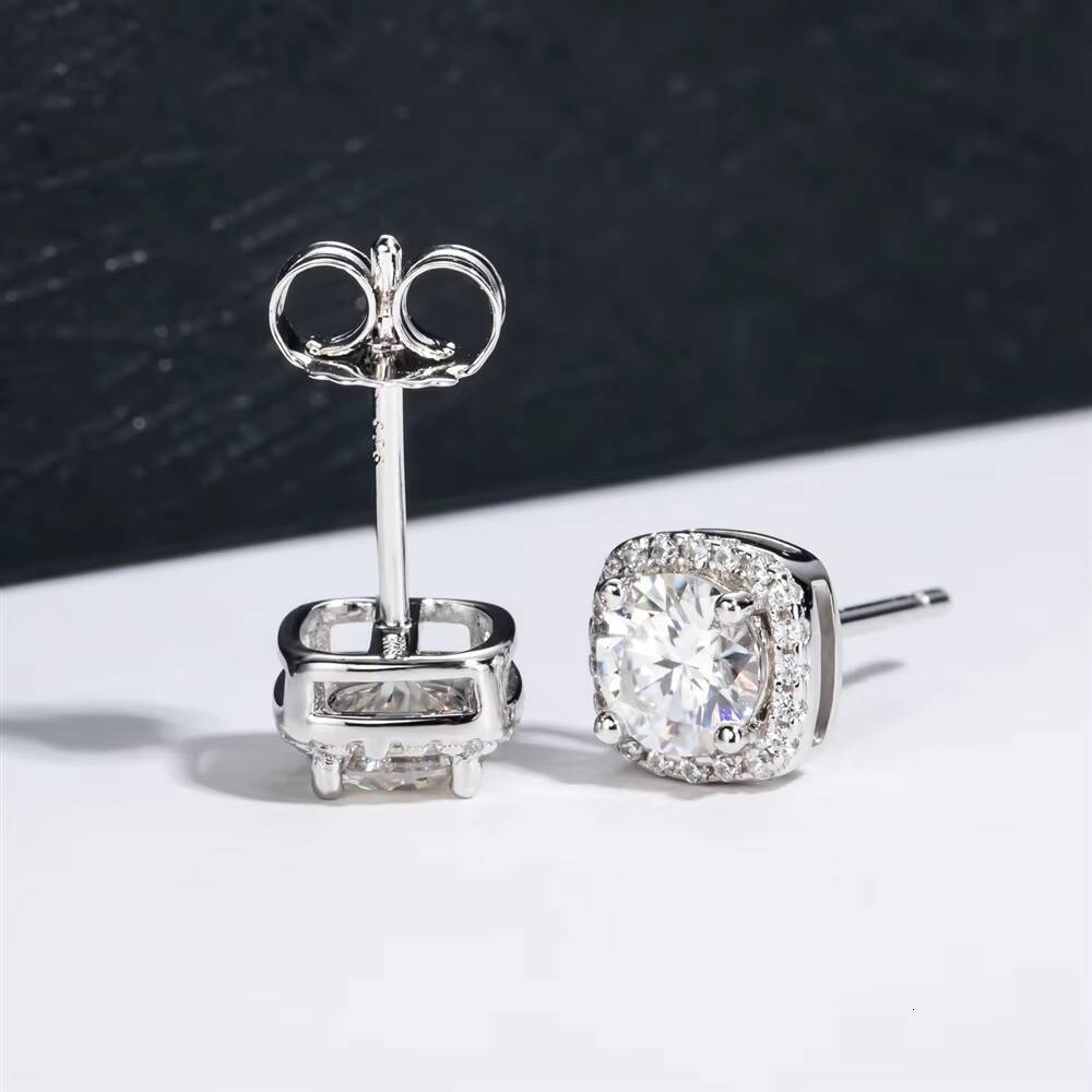 05 Carat Halo Full Pave Moissanite Stud Earrings Platinum Plated 925 Silver Luxury Womens Factory Wholesale