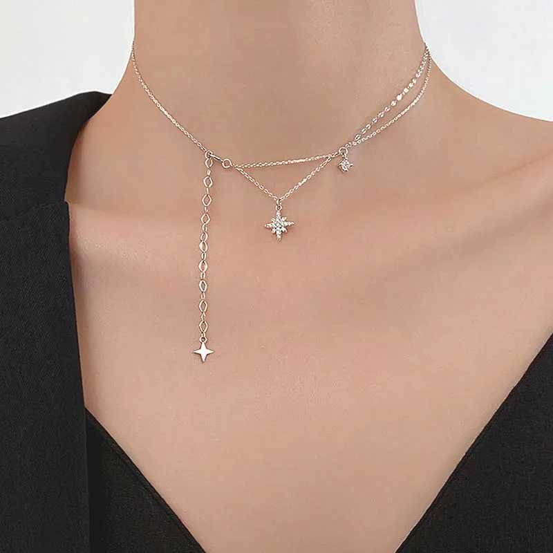 Sparkling Star Pendant Choker Necklace for Women Zircons Tassel Silver Plated Jewelry Gift for Ladies And Girls H260403