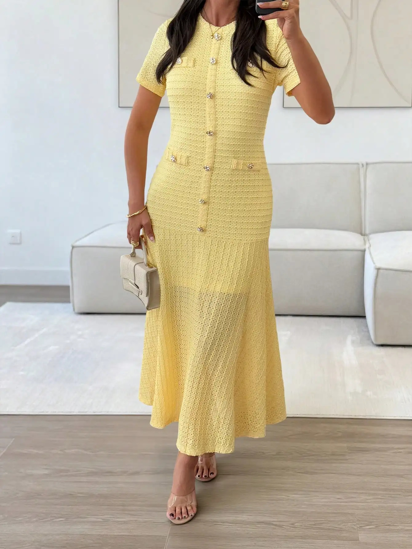 Yellow Textured Knit Midi Dress with Front Buttons and Faux Pockets 260403