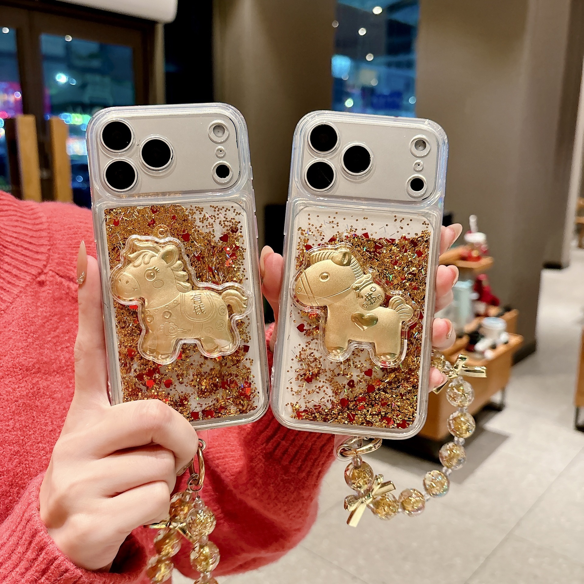 Designer Luxury Gold Quicksand Phone Case, 3D Lucky Horse Money Bag Bling Glitter Cover For Iphone 17 14 13 Pro Max, Premium Fortune Gift With Chain