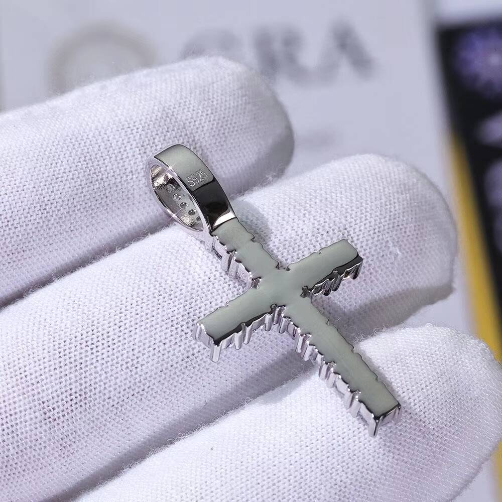 Moissanite Cross Pendant White Gold Tone Iced Out Round Stone Hip Hop Luxury Statement Necklace for Men