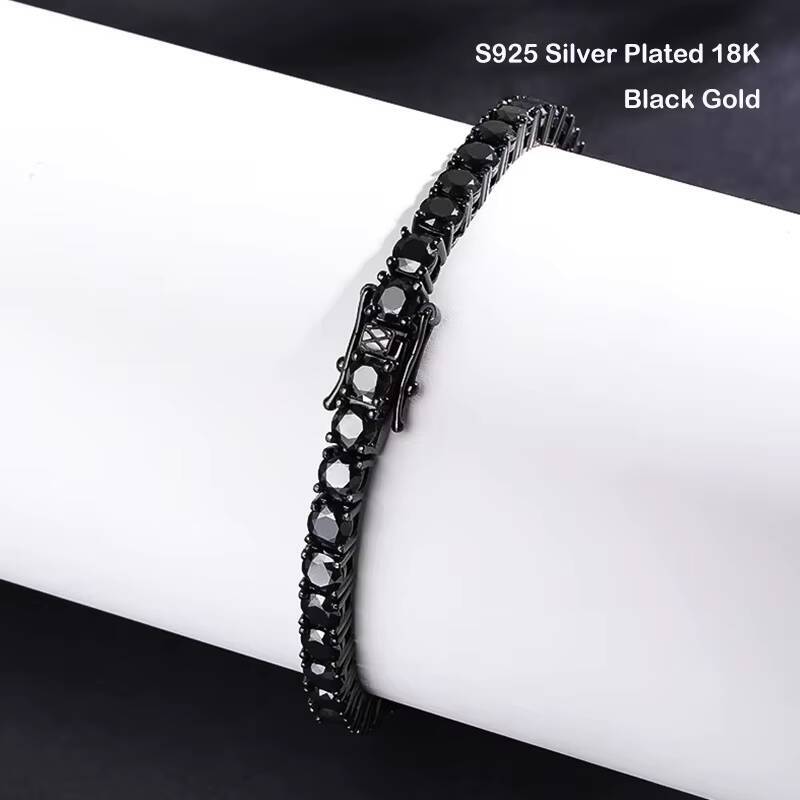 PYQ 3/4/5mm Black Moissanite Tennis Chains Hip Hop Jewelry 925 Sterling Silver Moissanite Bracelet with Black Rhodium Plated