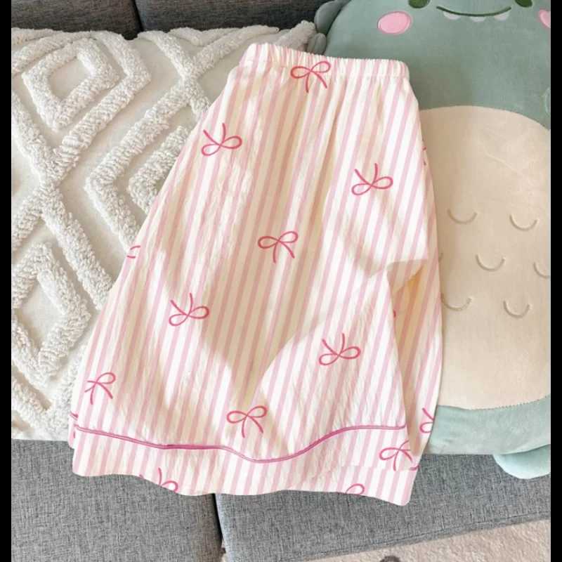 Pink Bow Dtie Prints 3 Pieces Pajamas Set for Women Summer Short Sleeve Top Pants with Shorts Pajamas Set Sweet Cute Home Suit H260403